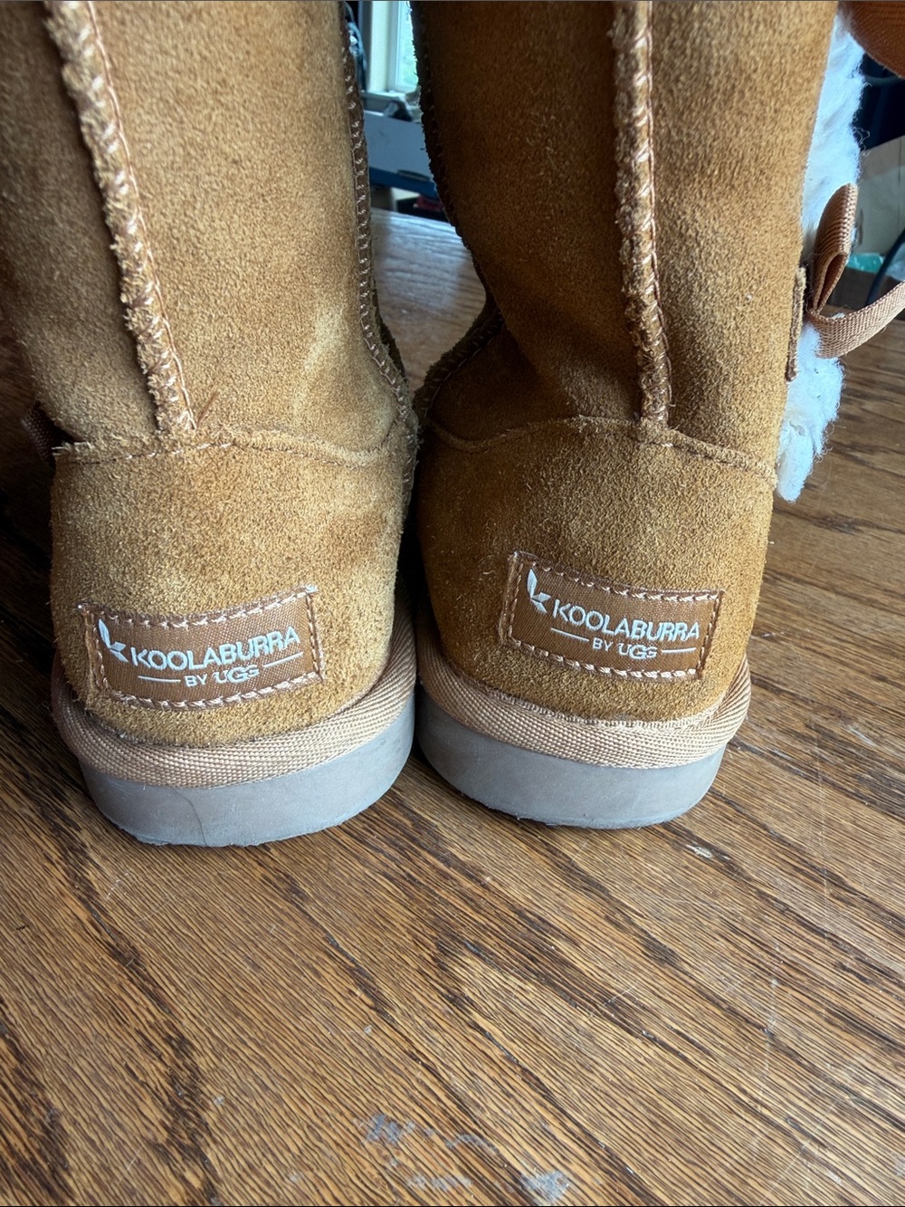 Koolaburra Kids Tan Suede Boots with White Fur Pom-Poms - Picture 4 of 5